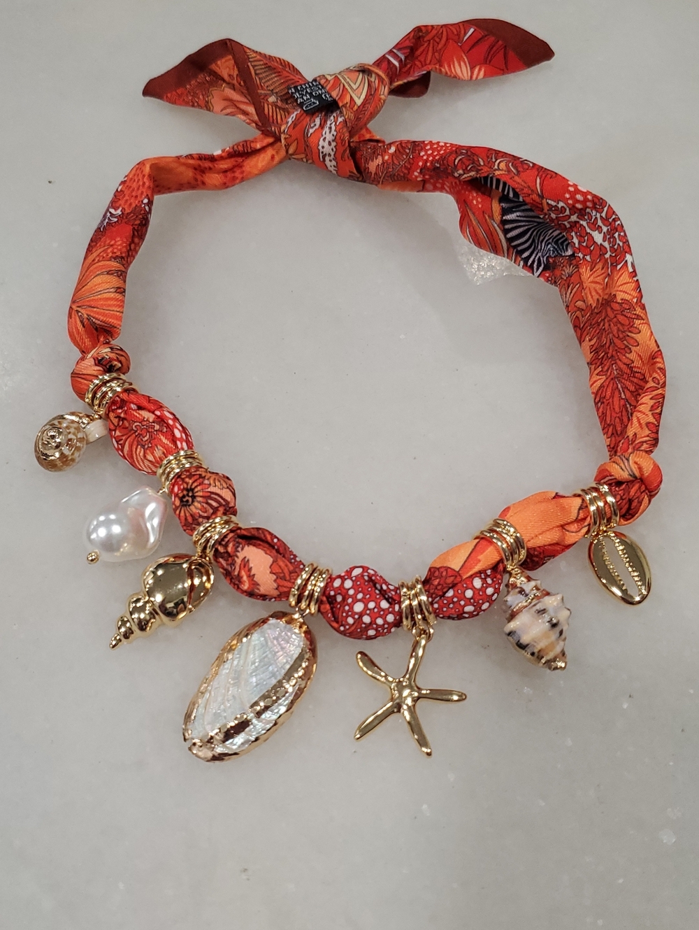 Gold Shell & Starfish Charm Scarf Necklace in Orange
